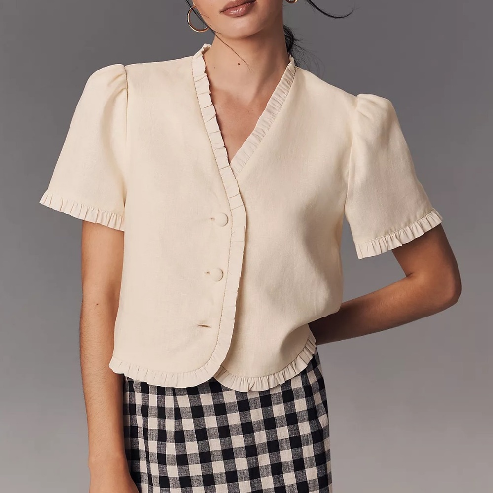 Reformation Cream Ruffle Trim Blouse